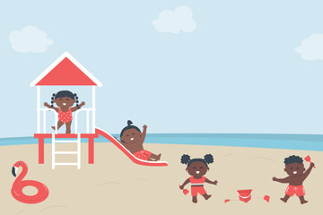 Kids Have Fun on the Beach. Little Children Play with Sand and Ride on Slide. Beach Slide, Inflatable Flamingo Ring, Bucket, Shovels, Clouds. Vector Illustration