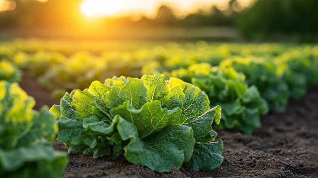 Lettuce growing in a sunlit field at dawn showcasing fresh greens and vibrant colors