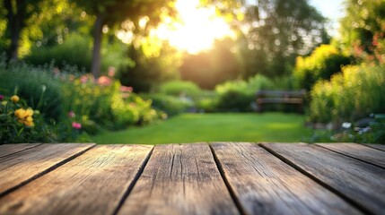 Wooden desk and blurred green nature background in a garden