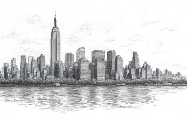 Fototapeta premium New York City Skyline Drawing, Statue of Liberty Sketch, Minimalist Architecture Illustration