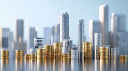 Obraz premium Commercial property investment, office buildings and coin stacks, 3D illustration.