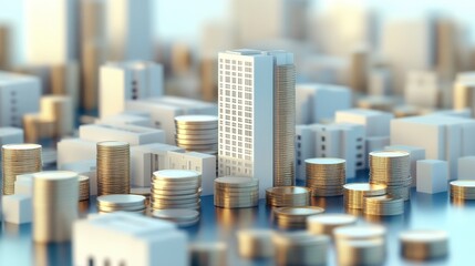 Commercial property investment, office buildings and coin stacks, 3D illustration.
