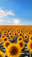 Obraz premium Sunflower Field Under Blue Sky with Bright Sun Shining Above