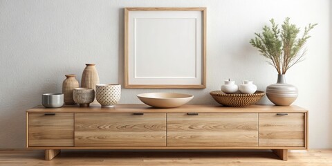 Modern Home Decor: Wooden Sideboard, Empty Frame Mockup, Interior Design Inspiration