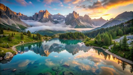 Obraz premium Sorapis lake at dawn with misty mountains, serene reflection, and lush greenery , aerial view, lake, aerial view, lake