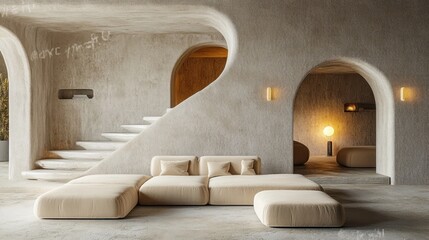 Minimalist Modern Interior Design with Soft Beige Sofa Arched Doorway and Floating Stairs