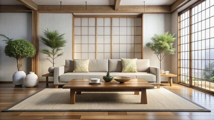Modern Japanese Living Room Design: Rustic Coffee Table, White Sofa, Minimalist Interior
