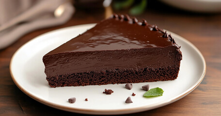 Plate with slice of tasty homemade chocolate cake on table 