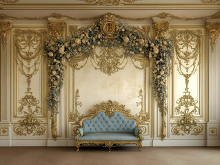 Photo of Ornate Golden Wall With Blue Sofa and Floral Decoration