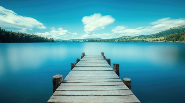 Wooden pier on a blue lake with long exposure