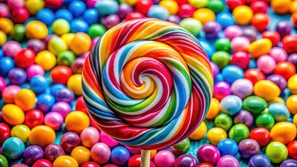 Vibrant swirl lollipop sitting alone on a colorful background, surrounded by other sweets , lollipop sweets, colorful swirly candy