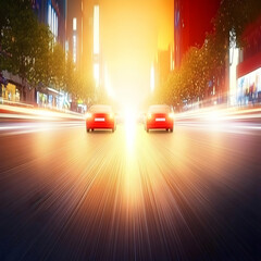 Photo of Two Red Cars Speeding Down a City Road at Sunset