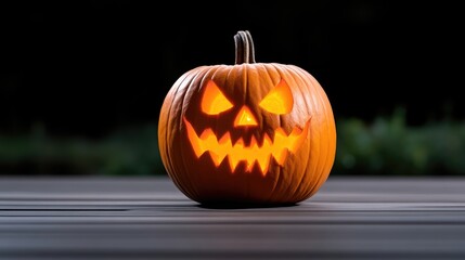 Obraz premium Glowing Jack-o'-lantern on wooden surface at night