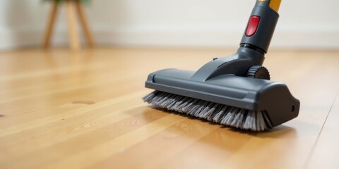 Close-up view of a floor cleaning brush attachment on a vacuum cleaner gliding across a smooth, light-colored wooden floor, showcasing its effective cleaning action