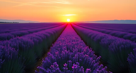 Naklejka premium Stunning Lavender Field at Sunset with Vibrant Colors