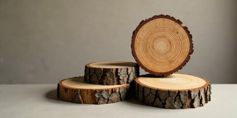 Three Rustic Wooden Discs Stacked on a Neutral Surface, Ideal for Product Display or Natural Background