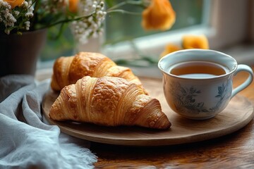 cozy breakfast scene with tea fresh croissants and white wooden table