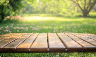 Fototapeta premium wooden picnic table serene outdoor space grassy meadow soft sunlight natural setting blurred background