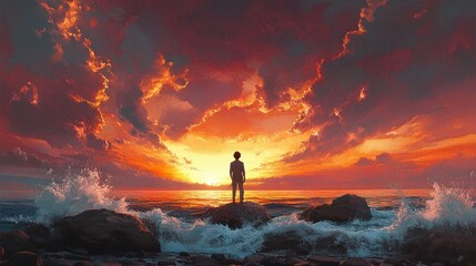 Fototapeta premium boy playing guitar on rocky shore at sunset with waves and dramatic sky