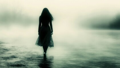 Solitary figure traversing a misty landscape, evoking contemplation and melancholy