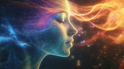 Ethereal Portrait of a Woman with Cosmic Colors and Flowing Hair