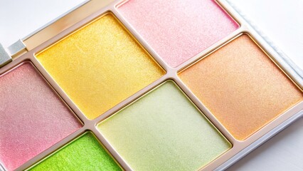 Fototapeta premium Multi-Shade Highlighter Palette Flat Lay - Macro Close-Up Photography for Beauty and Makeup Products, Ideal for Marketing and Social Media Use