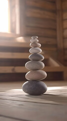Obraz premium Photo of Stacked Stones in a Wooden Interior with Warm Light and Textured Surface