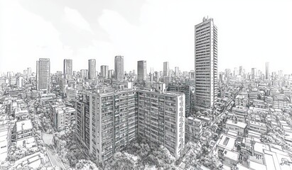Detailed Black and White Pen Sketch of Modern City Skyline Minimalist Art Architectural Diversity