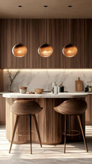 Realistic Interior Kitchen Bar Design With Wooden Accents And Gold Lighting