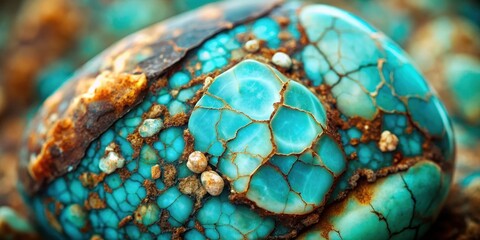Close-up shot of a raw turquoise gemstone with intricate veining and earthy tones , close-up, natural