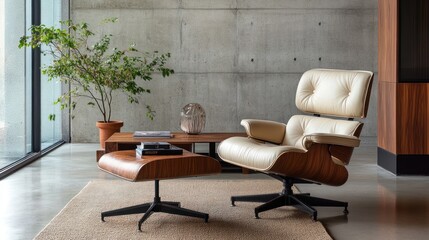 Modern chair, ottoman, plant, concrete wall, interior design, home decor