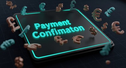 Digital Payment Confirmation System Neon Glowing Screen with Currency Symbols