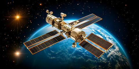 Fototapeta premium Realistic Photo of a Satellite Orbiting Earth in a Starry Cosmos