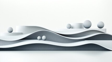 Abstract 3D render of flowing white forms and spheres