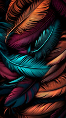 Realistic Photo of Colorful Feathers with Detailed Texture and Dark Background