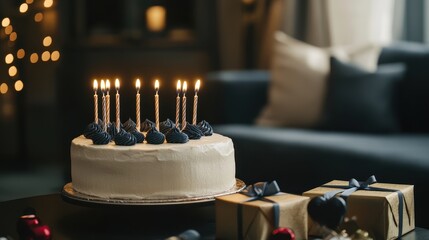 Elegant birthday scene, stylish cake with candles, luxury gift boxes, and a sophisticated greeting card. 