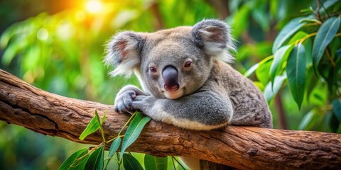 Fototapeta premium A tranquil koala koala is resting its head on a branch of an eucalyptus tree surrounded by lush greenery, nature, marsupial