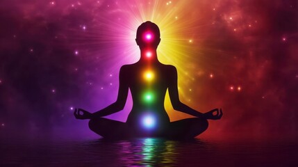 Silhouette of Meditating Figure with Colorful Chakra Energy Radiance