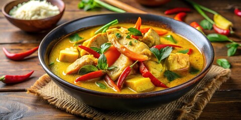 Aromatic yellow curry sauce with tender chicken and vegetables, Thai cuisine, warm colors