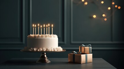 Elegant birthday scene, stylish cake with candles, luxury gift boxes, and a sophisticated greeting card. 