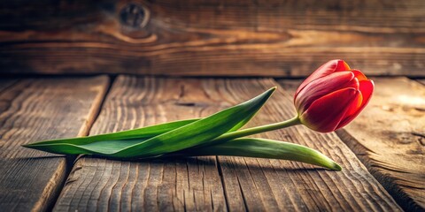 Obraz premium A single red tulip with green leaves sits alone on a wooden table surrounded by natural textures and warm lighting , rustic, color palette
