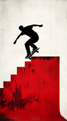 Silhouette Of Skateboarder In Mid Air Performing Action On Red Staircase Photo