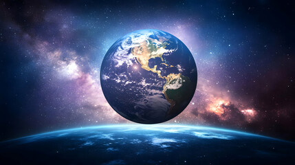 Obraz premium Pixelated Earth Planet In Space With Blue Galaxy and Stars Background Photo
