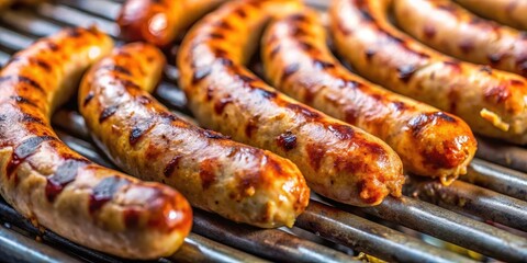 Sizzling Italian sausage links on a grill with a golden-brown crust and juicy interior, cooking, close-up