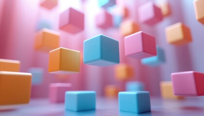 Obraz premium Colorful Cubes in Minimalist 3D Abstract Geometric Composition with Soft Shadows and Pastel Gradients