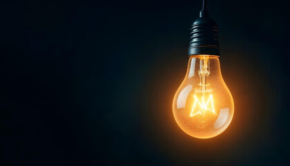 a brightly glowing light bulb on dark background, with copy space