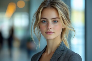 Professional businesswoman speaking confidently from modern office during video conference with clients