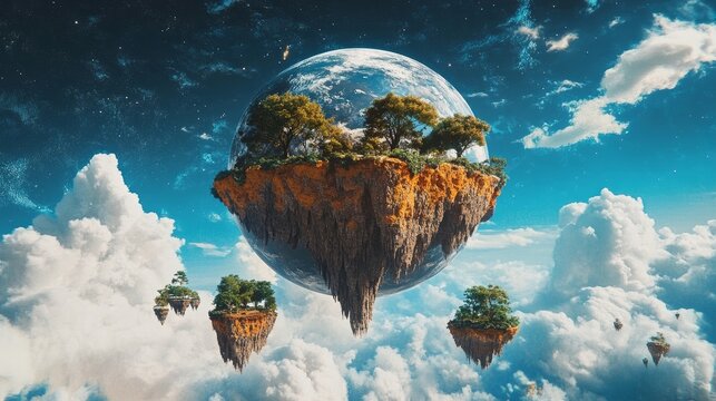 planet with floating islands in the sky, displaying distant forests growing inversely on the bottom of suspended soils