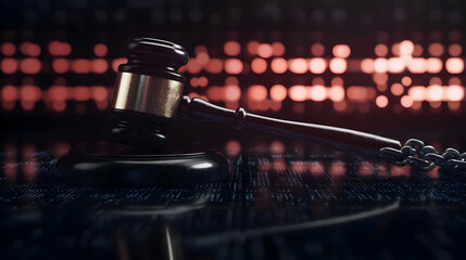 Wooden Gavel on Black Stand in Dark Background of Digital Circuit Board Illustration