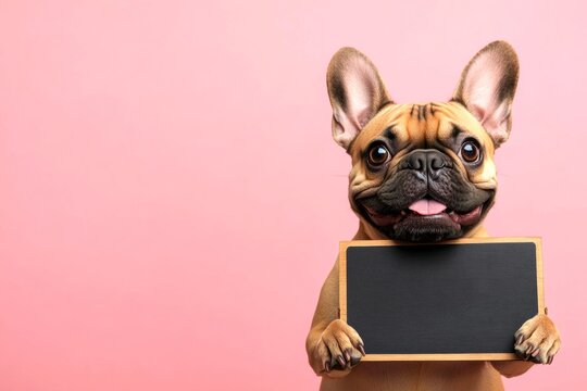 Pet branding sign. Ð¡ute dog french bulldog hold in front paws a concept - large dark black way sign. Isolated doggy on a solid attire pink background. Friendly animal pose. Animal isolated po. - Powered by Adobe